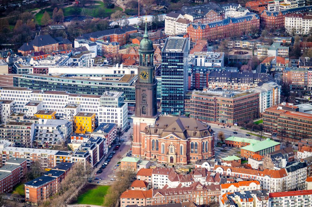 Hamburg from the bird's eye view: View of the church St. Michaelis in the district Altstadt in Hamburg