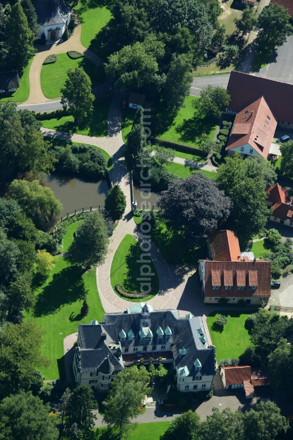 Aerial image Westerkappeln - Estate house Langenbrueck with Park and outbuildings in Westerkappeln in the state North Rhine-Westphalia