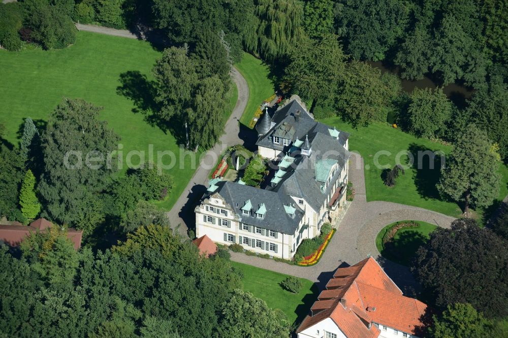 Aerial image Westerkappeln - Estate house Langenbrueck with Park and outbuildings in Westerkappeln in the state North Rhine-Westphalia