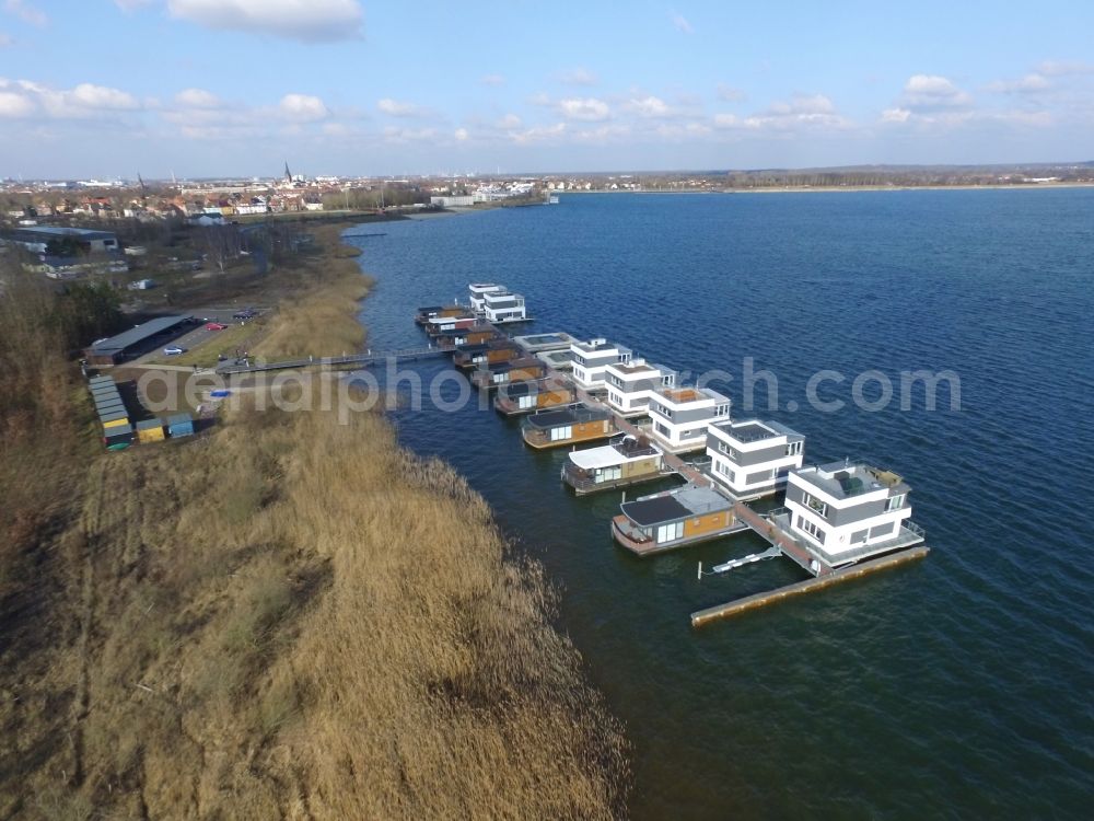 Bitterfeld-Wolfen from above - House boat berths and moorings on the shore area Grosser Goitzschesee in Bitterfeld-Wolfen in the state Saxony-Anhalt, Germany