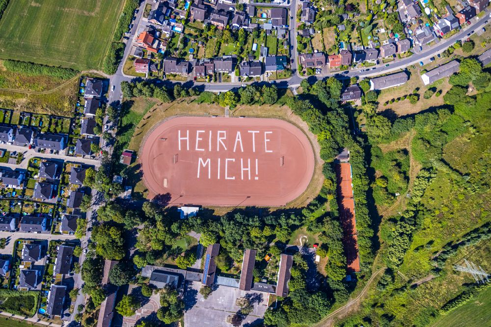 Gelsenkirchen from above - Sports facility grounds of the stadium Rosenhuegel with MARRY ME lettering on Albert-Schweitzer-Strasse in the district of Beckhausen in Gelsenkirchen in the Ruhr area in the state North Rhine-Westphalia, Germany