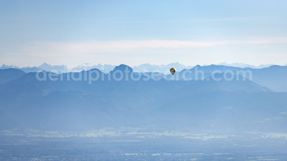 Emmering from above - Hot air balloon with Blick auf den Wendelstein flying over the airspace in Emmering in the state Bavaria, Germany