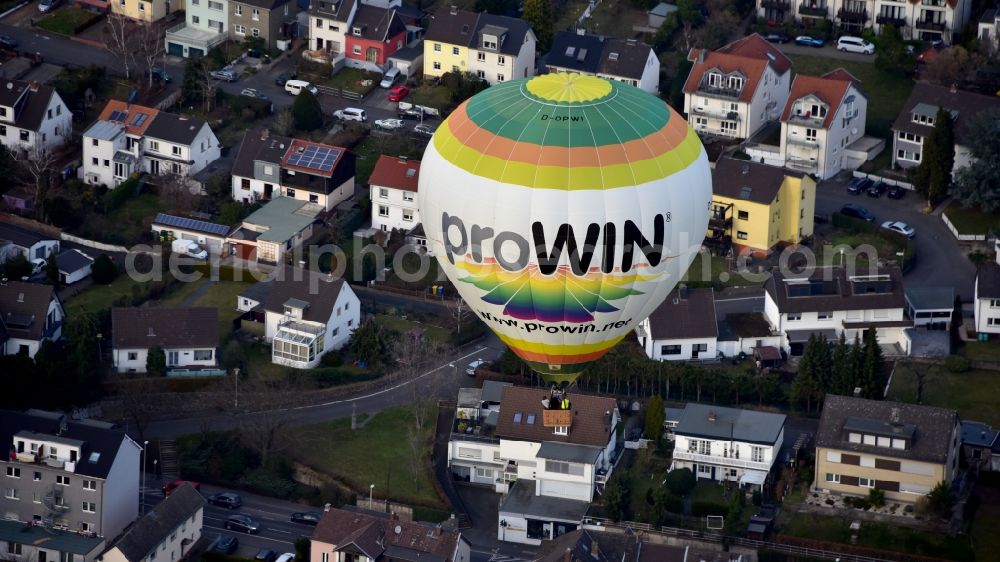Aerial photograph Bonn - Hot air balloon with advertising from sponsor Prowin in flight over Bonn in the state North Rhine-Westphalia, Germany