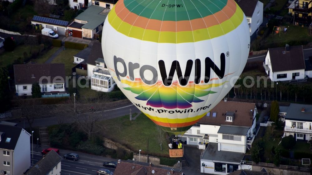 Bonn from above - Hot air balloon with advertising from sponsor Prowin in flight over Bonn in the state North Rhine-Westphalia, Germany