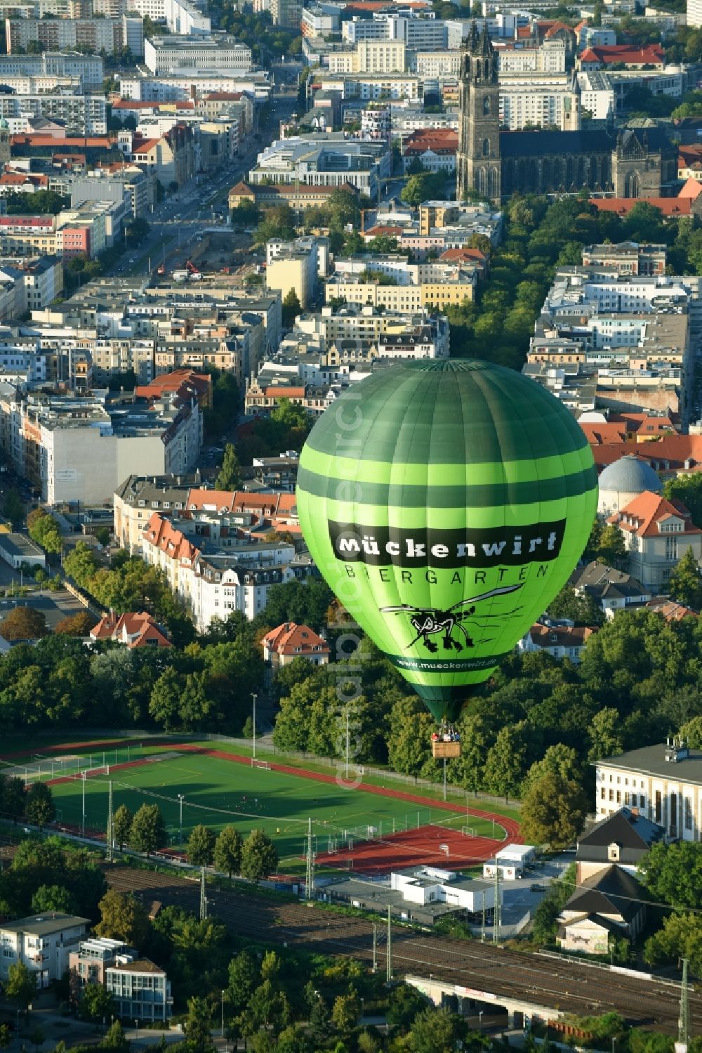 Aerial image Magdeburg - Hot air balloon with of Kennung D-OEKY Mueckenwirt flying in the airspace in Magdeburg in the state Saxony-Anhalt, Germany