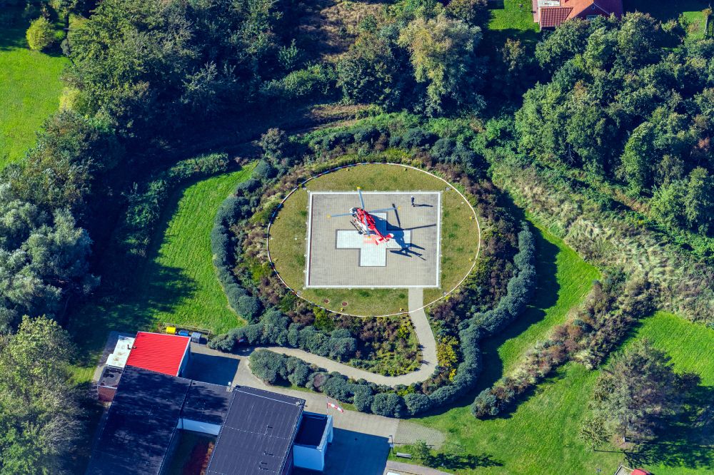 Borkum from above - Helicopter landing pad with helicopter of the Inselkrankenhaus in Borkum in the state Lower Saxony, Germany