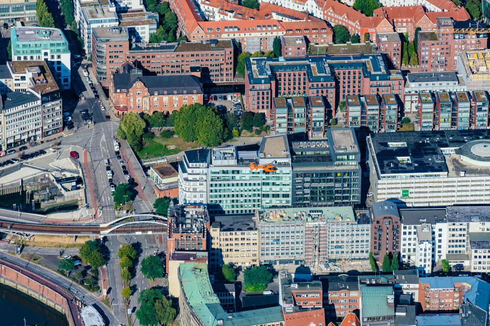 Hamburg from above - Helicopter in flight Christoph 29 over the air space in Hamburg, Germany