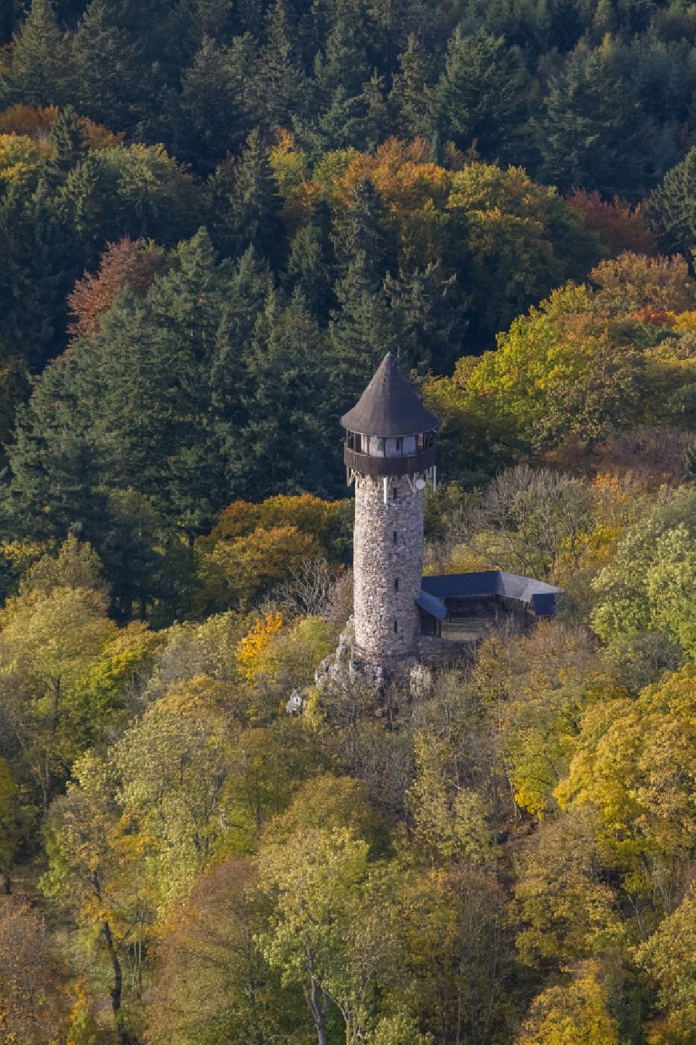 Aerial photograph Kempfeld - Autumn - Landscape at the tower on the ruins of the castle in the wild nature reserve Wildenburg near Kempfeld in Rhineland-Palatinate