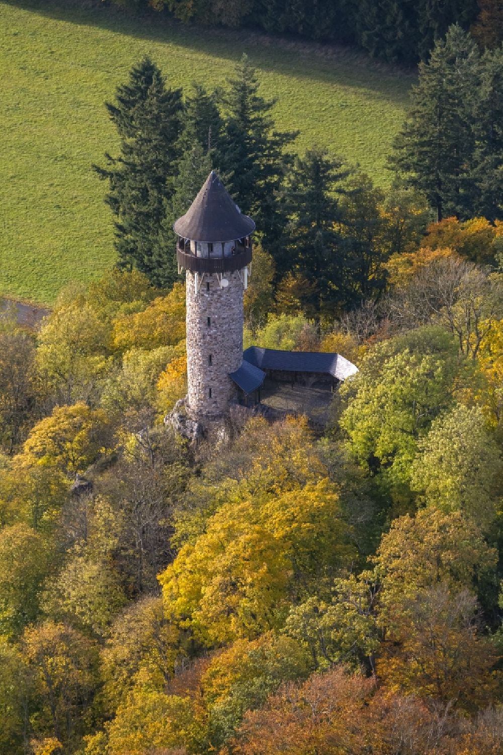 Kempfeld from above - Autumn - Landscape at the tower on the ruins of the castle in the wild nature reserve Wildenburg near Kempfeld in Rhineland-Palatinate