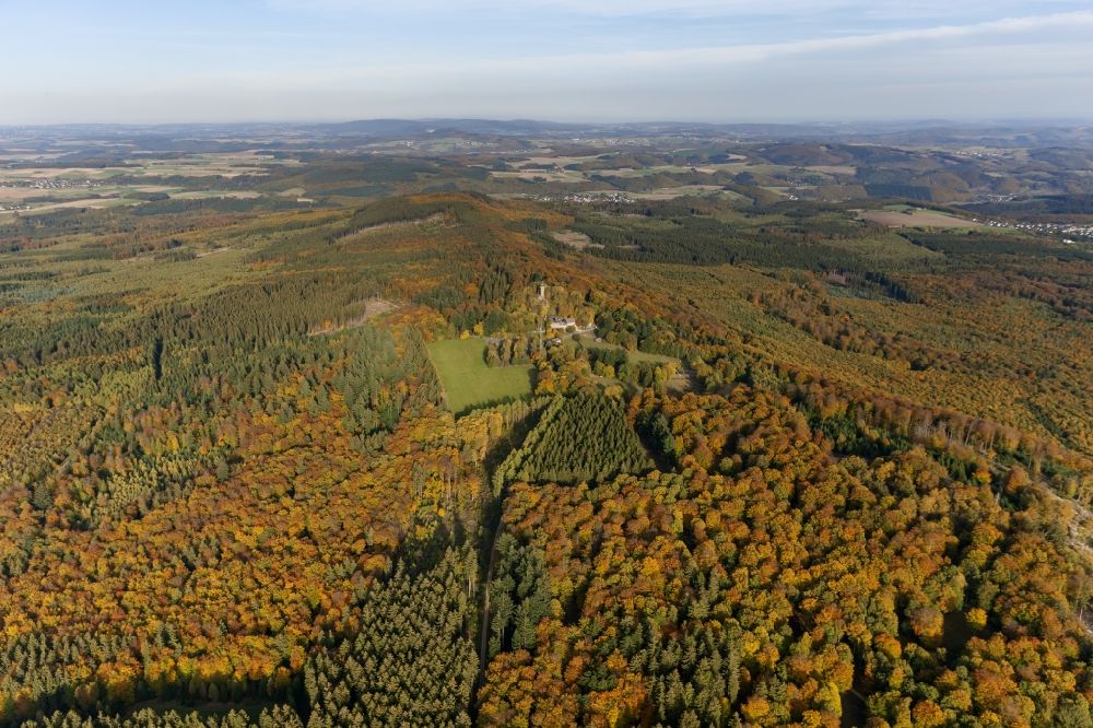 Aerial image Kempfeld - Autumn - Landscape at the tower on the ruins of the castle in the wild nature reserve Wildenburg near Kempfeld in Rhineland-Palatinate