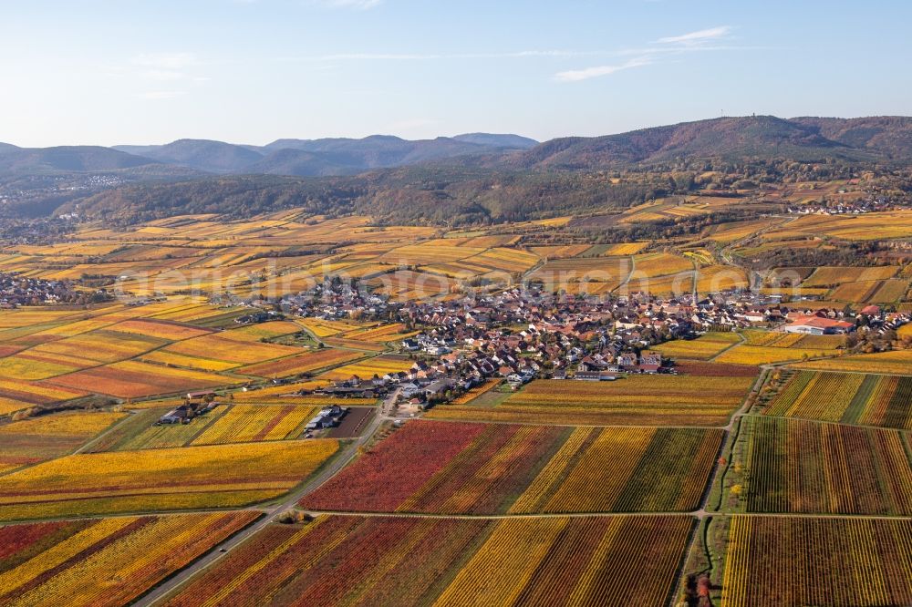 Kallstadt from above - Autumnal discolored vegetation view village - view on the edge of wine yards in Kallstadt in the state Rhineland-Palatinate, Germany