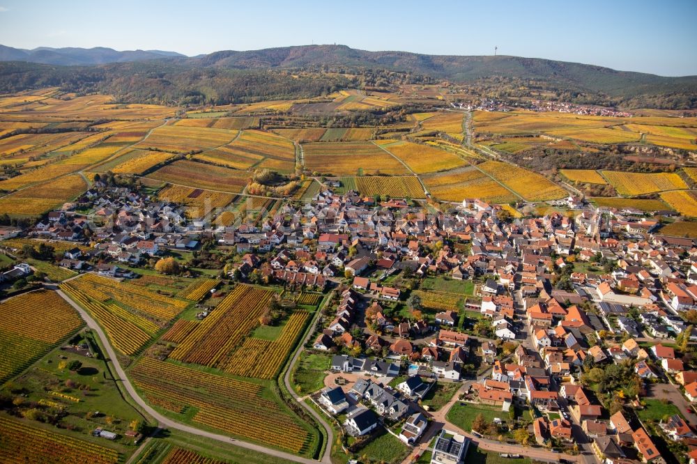 Kallstadt from above - Autumnal discolored vegetation view village - view on the edge of wine yards in Kallstadt in the state Rhineland-Palatinate, Germany