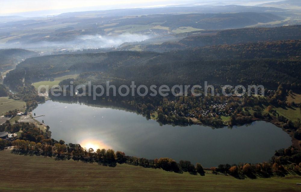 Aerial image Hohenfelden - Autumn forest and field landscape at the lake Hohenfelden Hohenfelden in Thuringia