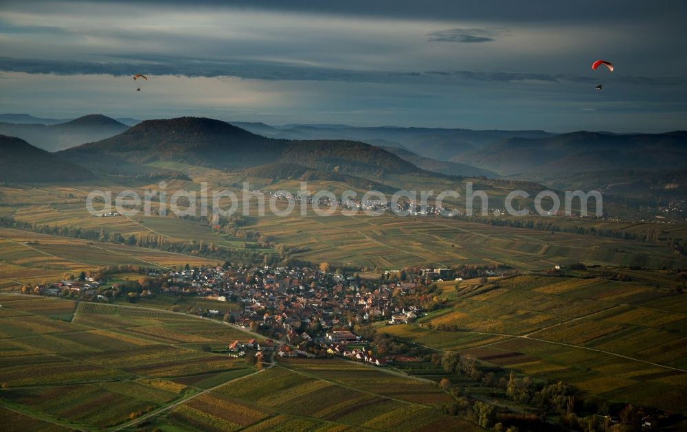 Aerial photograph Landau in der Pfalz - Fields of wine cultivation landscape with paragliders in Landau in der Pfalz in the state Rhineland-Palatinate