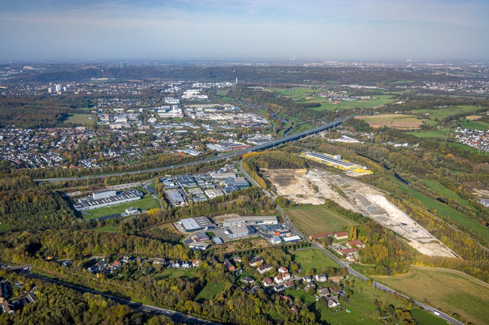 Aerial photograph Hagen - Autumnal discolored vegetation view demolition and unsealing work on the concrete surfaces of Dolomitwerke for the construction of an industrial area on street Dolomitstrasse in Hagen at Ruhrgebiet in the state North Rhine-Westphalia, Germany