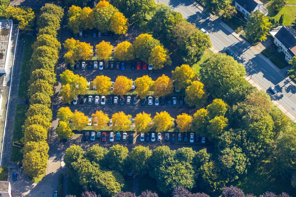 Unna from above - Autumnal discolored vegetation view parking and storage space for automobiles on street Parkstrasse in Unna at Ruhrgebiet in the state North Rhine-Westphalia, Germany