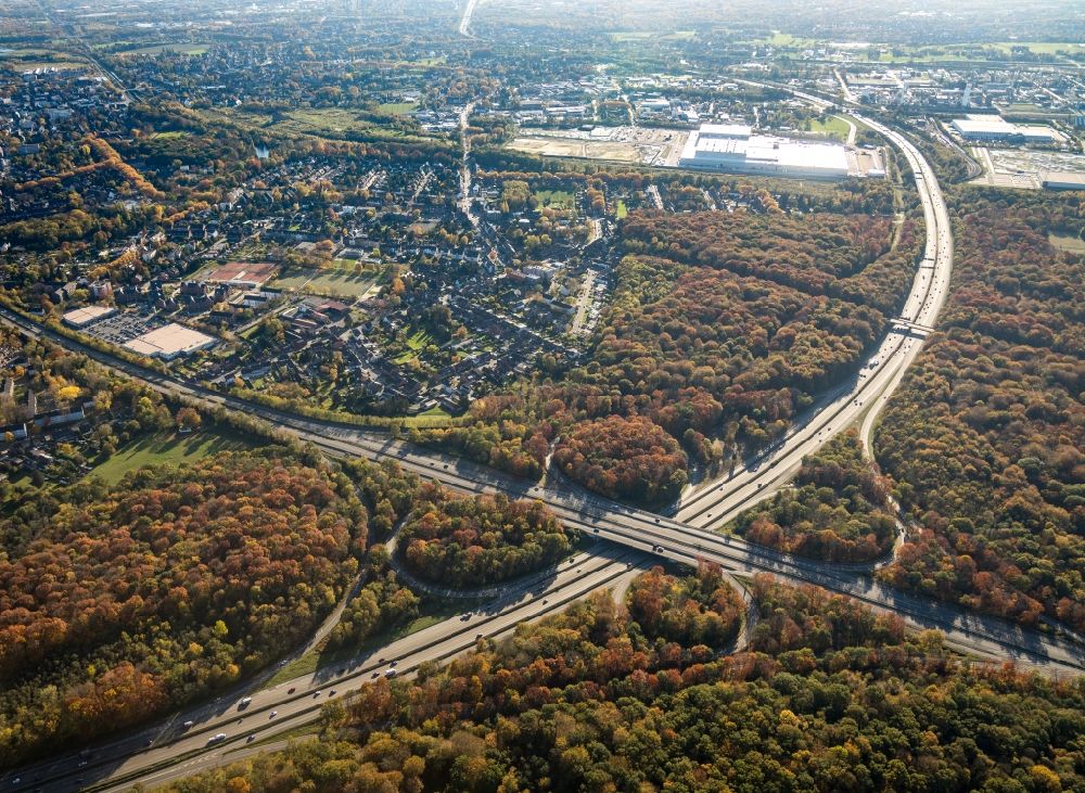 Oberhausen from the bird's eye view: Autumnal discolored vegetation view Motorway interchange departure of the AD of the autobahn A2, A3, E34 and the federal highway B516 in the district the Sterkrade north in Upper House in the federal state North Rhine-Westphalia