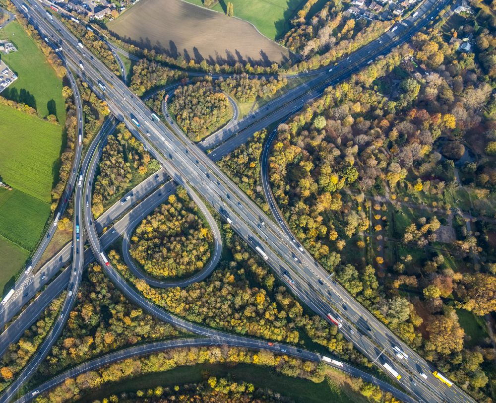 Aerial image Duisburg - Autumnal discolored vegetation view Traffic flow at the intersection- motorway A 3 - A42 Oberhausen-West in Duisburg at Ruhrgebiet in the state North Rhine-Westphalia, Germany