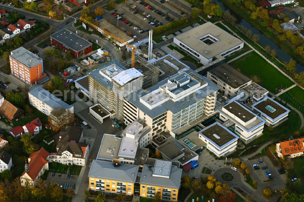 Neumarkt in der Oberpfalz from above - Autumnal discolored vegetation view construction site for a new extension to the hospital grounds Klinikum Neumarkt i.d.OPf in Neumarkt in der Oberpfalz in the state Bavaria, Germany