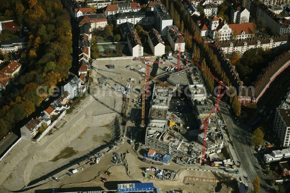 Aerial image München - Autumnal discolored vegetation view construction site to build a new multi-family residential complex Am Nockherberg - Regerstrasse - Poppelstrasse in the district Au-Haidhausen in Munich in the state Bavaria, Germany