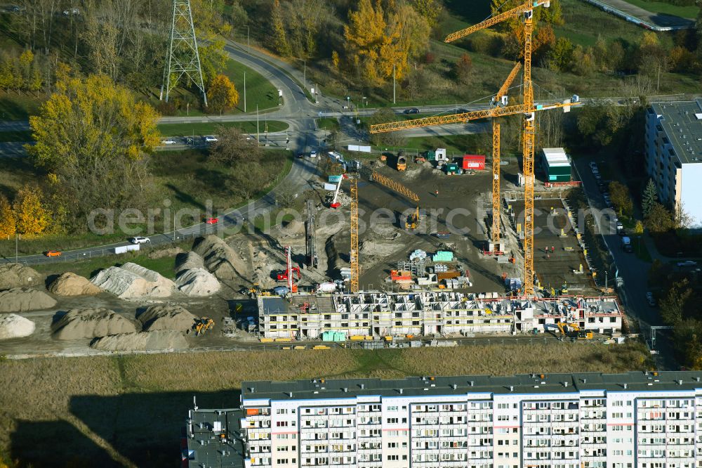 Berlin from above - Autumnal discolored vegetation view Construction site to build a new multi-family residential complex Trusetaler Strasse corner Wuhletalstrasse on street Maerkische Allee in the district Marzahn in Berlin, Germany