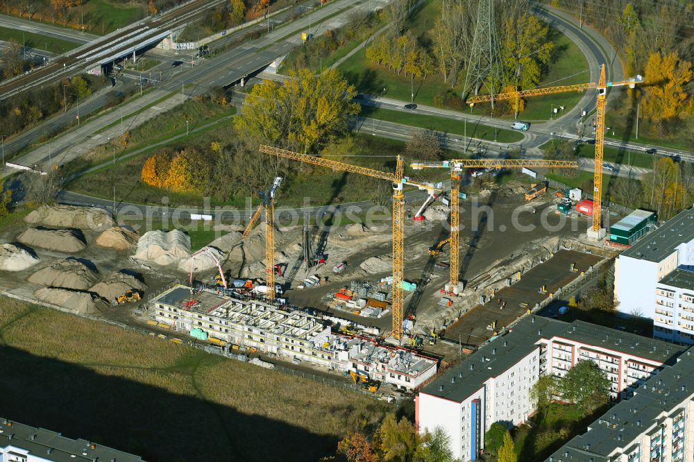 Aerial photograph Berlin - Autumnal discolored vegetation view Construction site to build a new multi-family residential complex Trusetaler Strasse corner Wuhletalstrasse on street Maerkische Allee in the district Marzahn in Berlin, Germany