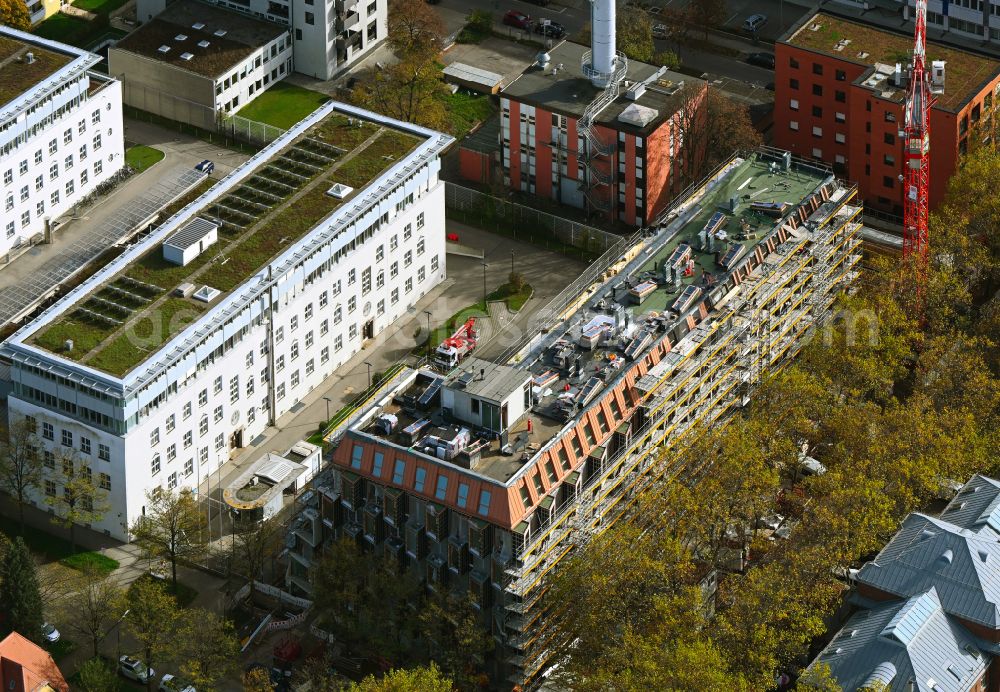 München from the bird's eye view: Autumnal discolored vegetation view construction site for the multi-family residential building Van B on street Infanteriestrasse in the district Schwabing-West in Munich in the state Bavaria, Germany