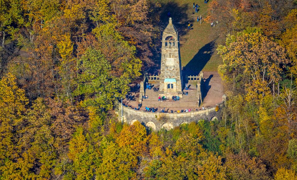 Aerial image Bommern - Autumnal discolored vegetation view structure of the observation tower Berger-Denkmal in Bommern at Ruhrgebiet in the state North Rhine-Westphalia, Germany