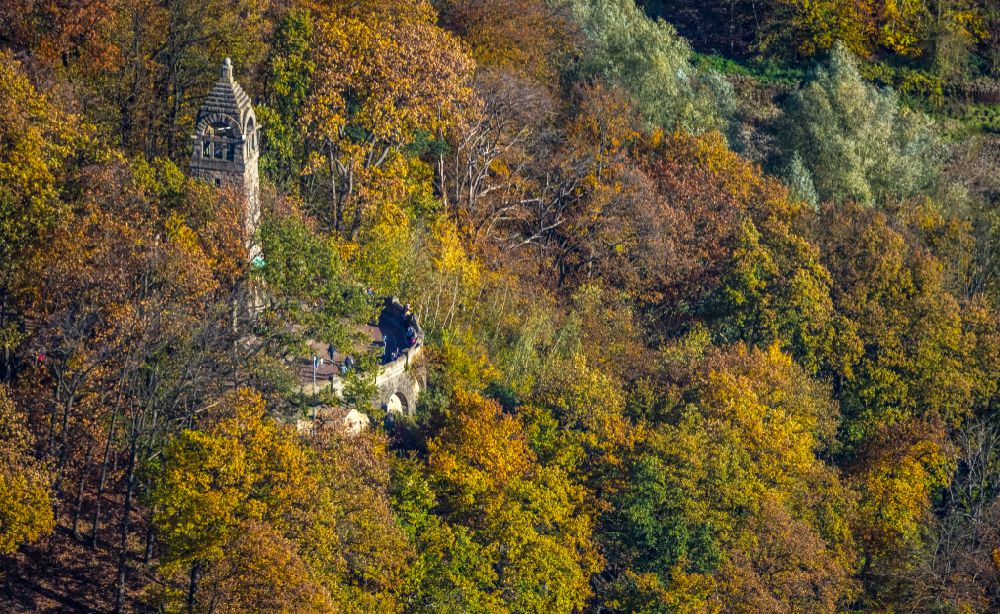 Aerial image Bommern - Autumnal discolored vegetation view structure of the observation tower Berger-Denkmal in Bommern at Ruhrgebiet in the state North Rhine-Westphalia, Germany
