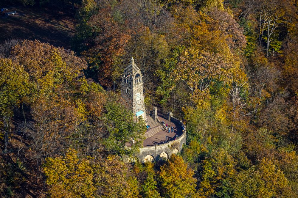 Bommern from above - Autumnal discolored vegetation view structure of the observation tower Berger-Denkmal in Bommern at Ruhrgebiet in the state North Rhine-Westphalia, Germany