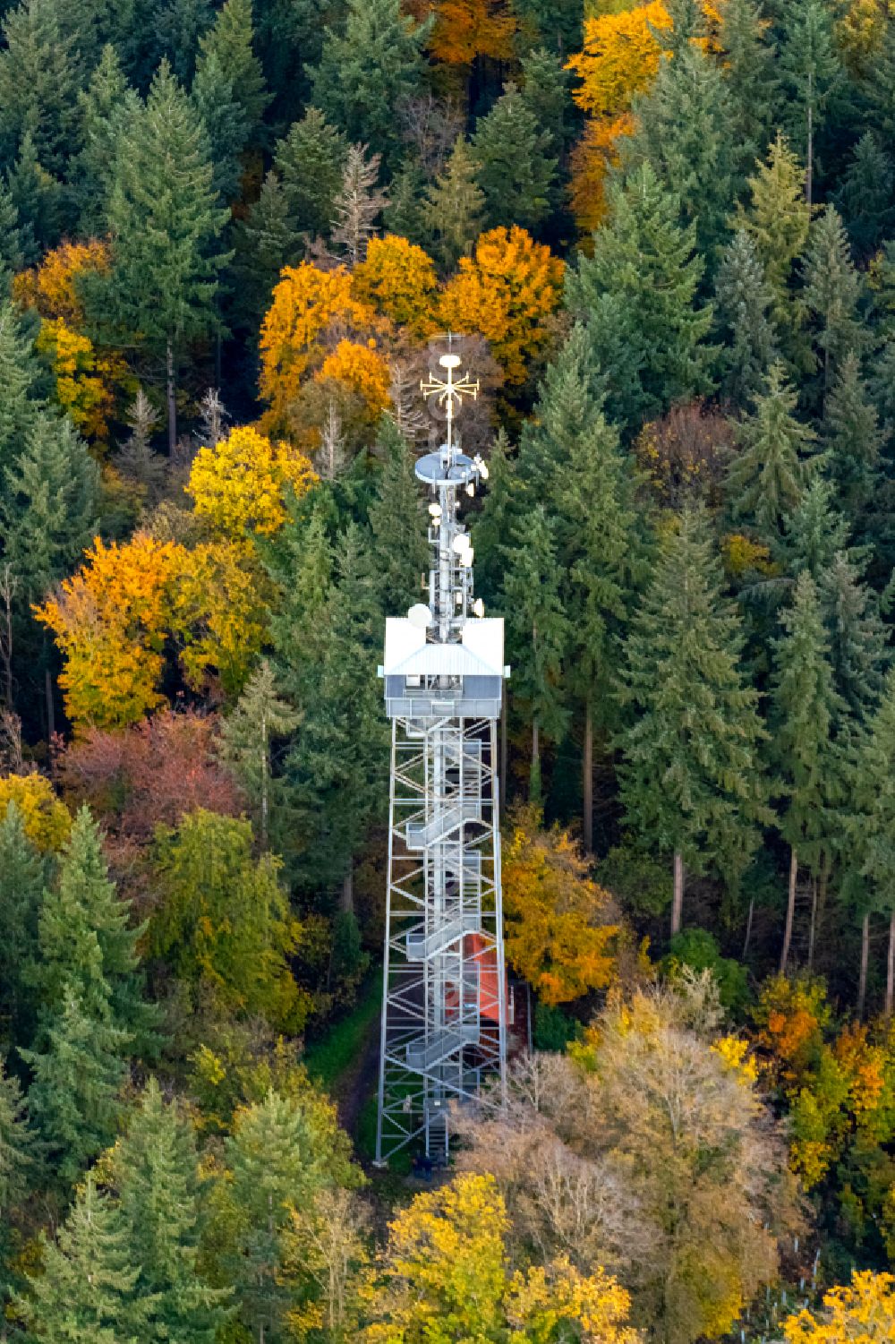 Eichstetten am Kaiserstuhl from the bird's eye view: Autumnal discolored vegetation view structure of the observation tower Eichelspitzturm in Eichstetten am Kaiserstuhl in the state Baden-Wurttemberg, Germany