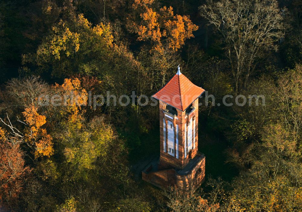 Biesenthal from the bird's eye view: Autumnal discolored vegetation view structure of the observation tower Kaiser-Friedrich-Turm on street Breite Strasse in Biesenthal in the state Brandenburg, Germany