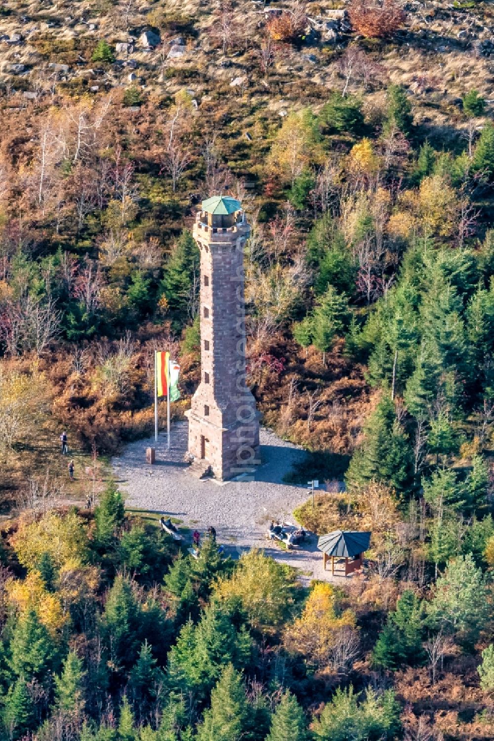 Oberkirch from above - Autumnal discolored vegetation view structure of the observation tower Moosturm in Nordrach in the state Baden-Wurttemberg, Germany