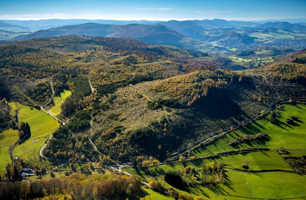 Aerial image Brilon - Autumnal discolored vegetation view valley landscape surrounded by mountains in Brilon at Sauerland in the state North Rhine-Westphalia, Germany