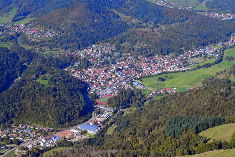 Aerial image Schönau im Schwarzwald - Autumnal discolored vegetation view and landscape in the Black Forest and town Schoenau in the valley of the river Wiese in the state Baden-Wurttemberg