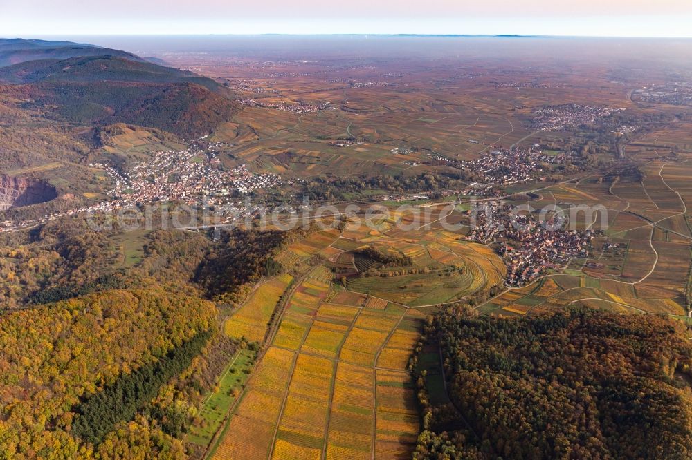 Albersweiler from the bird's eye view: Autumnal discolored vegetation view into the rhine valley landscape from the exit of the Queich valley surrounded by mountains in Albersweiler in the state Rhineland-Palatinate, Germany