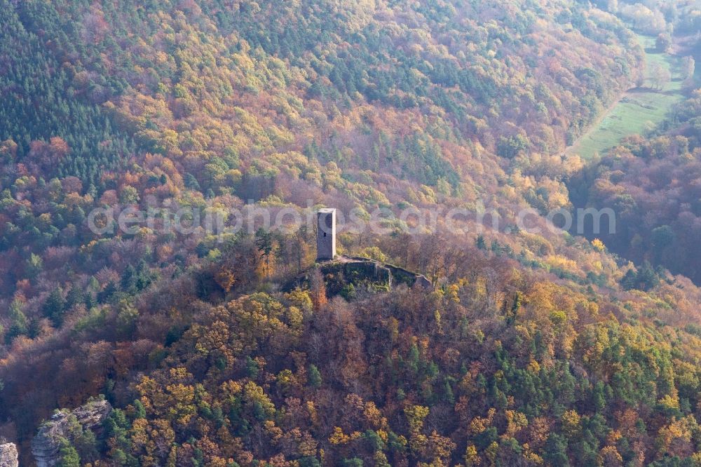 Aerial image Annweiler am Trifels - Autumnal discolored vegetation view of castle of the fortress Scharfeneck in Annweiler am Trifels in the state Rhineland-Palatinate, Germany