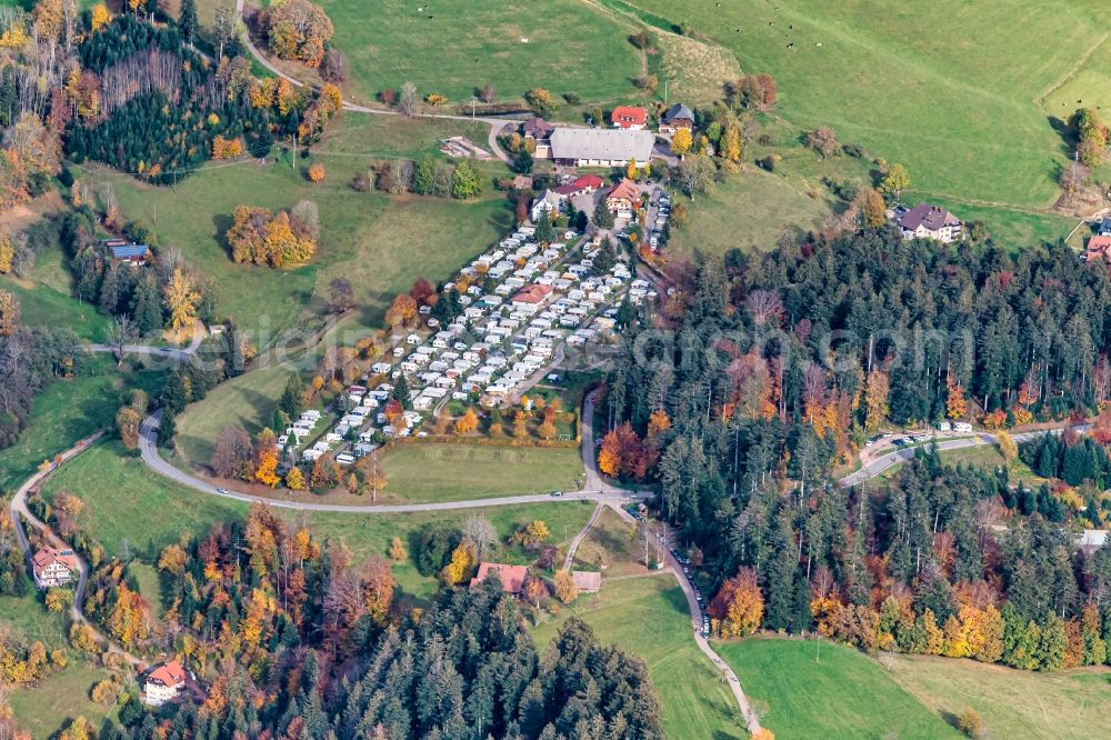Aerial image Sankt Peter - Autumnal discolored vegetation view camping with caravans and tents in Sankt Peter in the state Baden-Wurttemberg, Germany