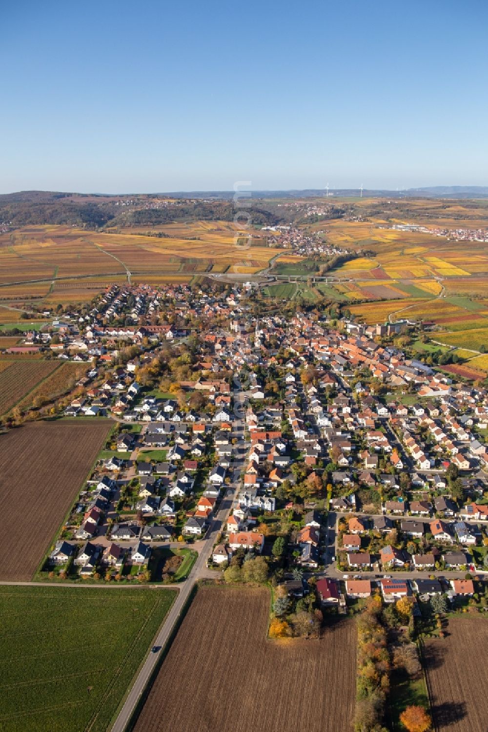Aerial image Kirchheim an der Weinstraße - Autumnal discolored village view in Kirchheim an der Weinstrasse in the state Rhineland-Palatinate, Germany