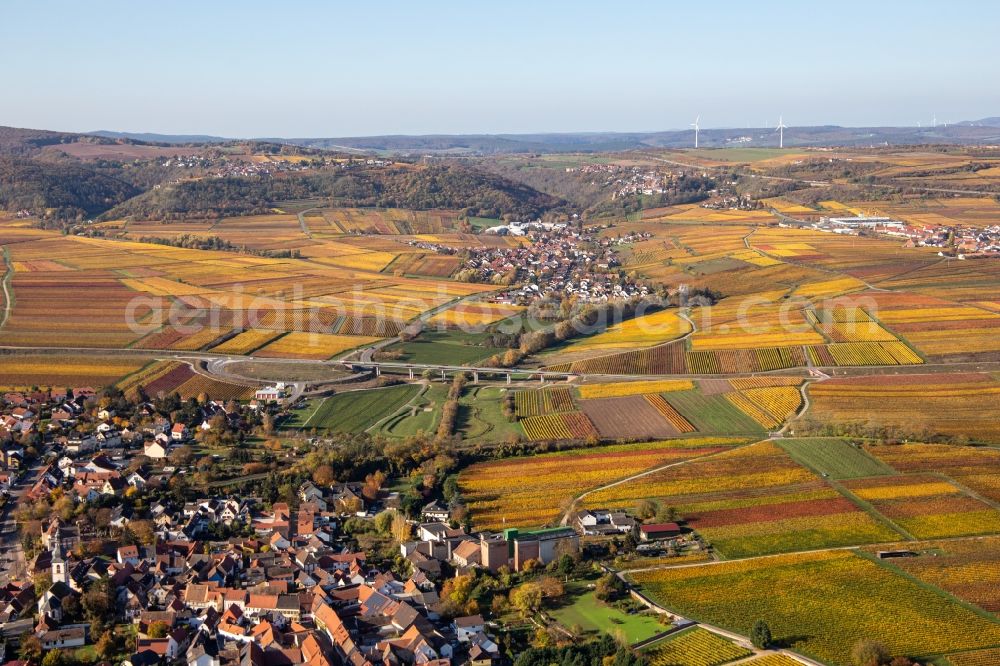Kirchheim an der Weinstraße from above - Autumnal discolored village view in Kirchheim an der Weinstrasse in the state Rhineland-Palatinate, Germany