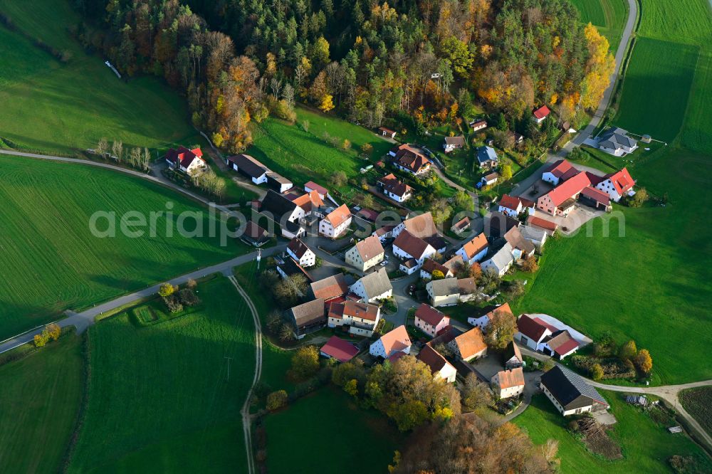 Grünreuth from the bird's eye view: Autumnal discolored vegetation view village - view on the edge of forested areas in Gruenreuth in the state Bavaria, Germany