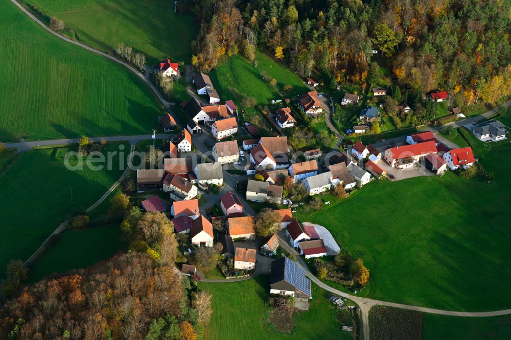Aerial image Grünreuth - Autumnal discolored vegetation view village - view on the edge of forested areas in Gruenreuth in the state Bavaria, Germany