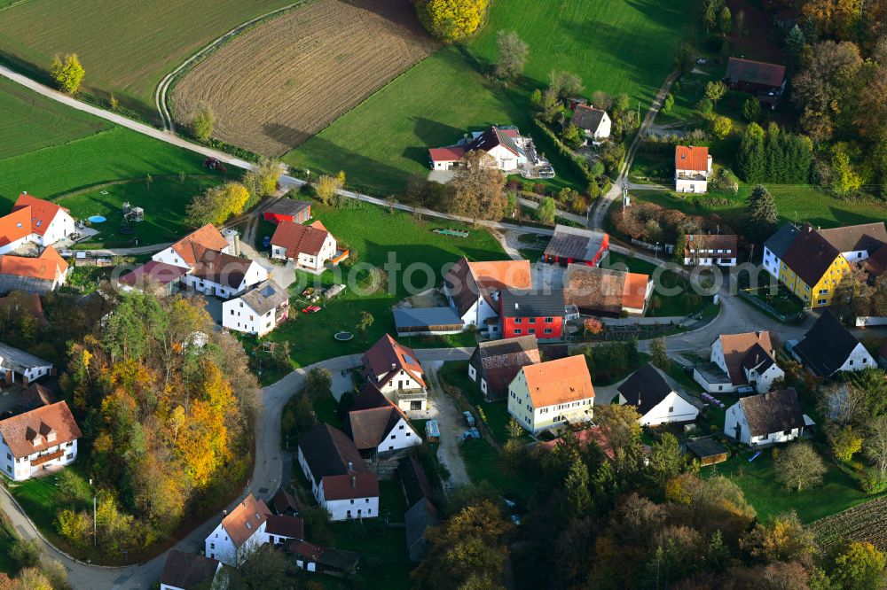 Aerial image Hegendorf - Autumnal discolored vegetation view village - view on the edge of forested areas in Hegendorf in the state Bavaria, Germany