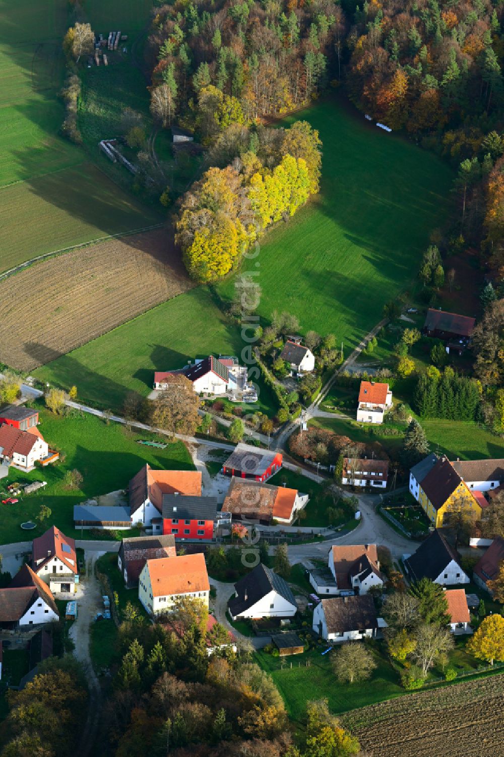 Aerial photograph Hegendorf - Autumnal discolored vegetation view village - view on the edge of forested areas in Hegendorf in the state Bavaria, Germany