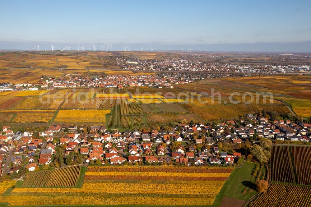 Aerial image Kleinkarlbach - Autumnal discolored wineyards betweeen Kleinkarlbach and Sausenheim in the state Rhineland-Palatinate, Germany