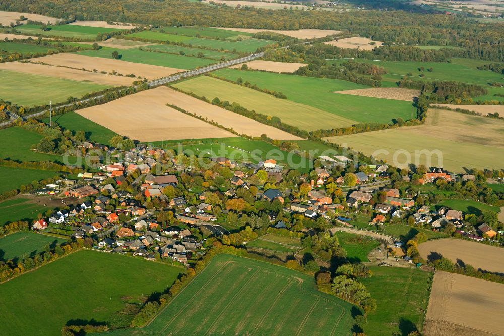 Möhnsen from above - Autumnal discolored vegetation view agricultural land and field boundaries surround the settlement area of the village in Moehnsen in the state Schleswig-Holstein, Germany