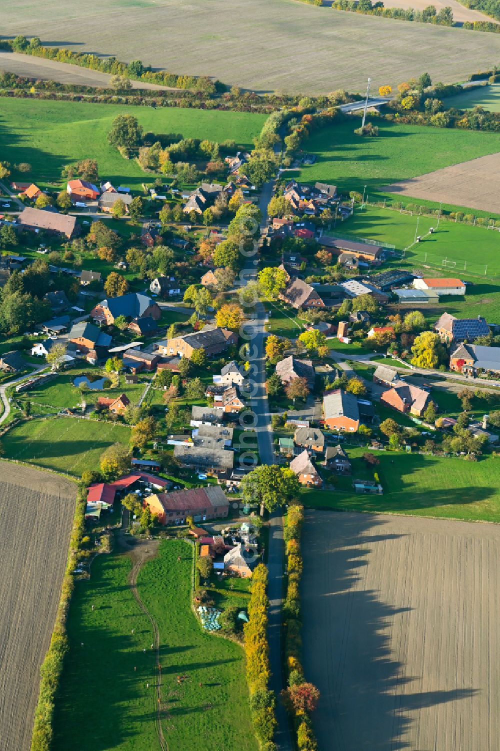 Aerial photograph Möhnsen - Autumnal discolored vegetation view agricultural land and field boundaries surround the settlement area of the village in Moehnsen in the state Schleswig-Holstein, Germany