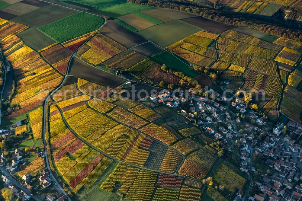 Mainstockheim from the bird's eye view: Autumnal discolored vegetation view on the edge of vineyards and wineries in the wine-growing area in Mainstockheim in the state Bavaria, Germany