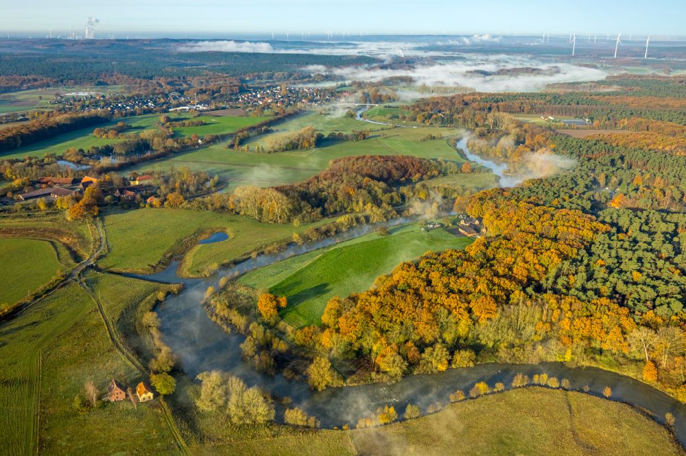 Aerial image Ahsen - Autumnal discolored vegetation view high humidity with haze weather conditions on Fluss Lippe in Ahsen at Ruhrgebiet in the state North Rhine-Westphalia, Germany