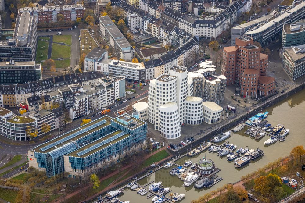 Aerial photograph Düsseldorf - Autumnal discolored vegetation view of the office building of the administration and commercial building - Ensemble Gehry Buildings - Neuer Zollhof in the Media Harbor on the banks of the Rhine in the Unterbilk district in Duesseldorf in the Ruhr area in the state North Rhine-Westphalia, Germany
